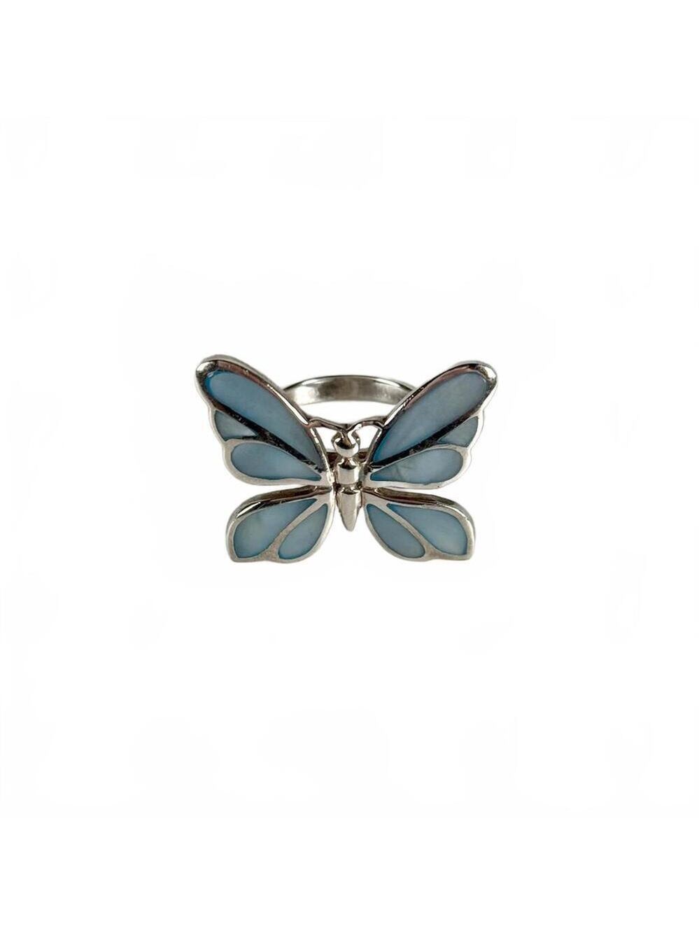 Vintage Sterling Silver Blue Butterfly Ring Mother of Pearl Inlay Size 6.5